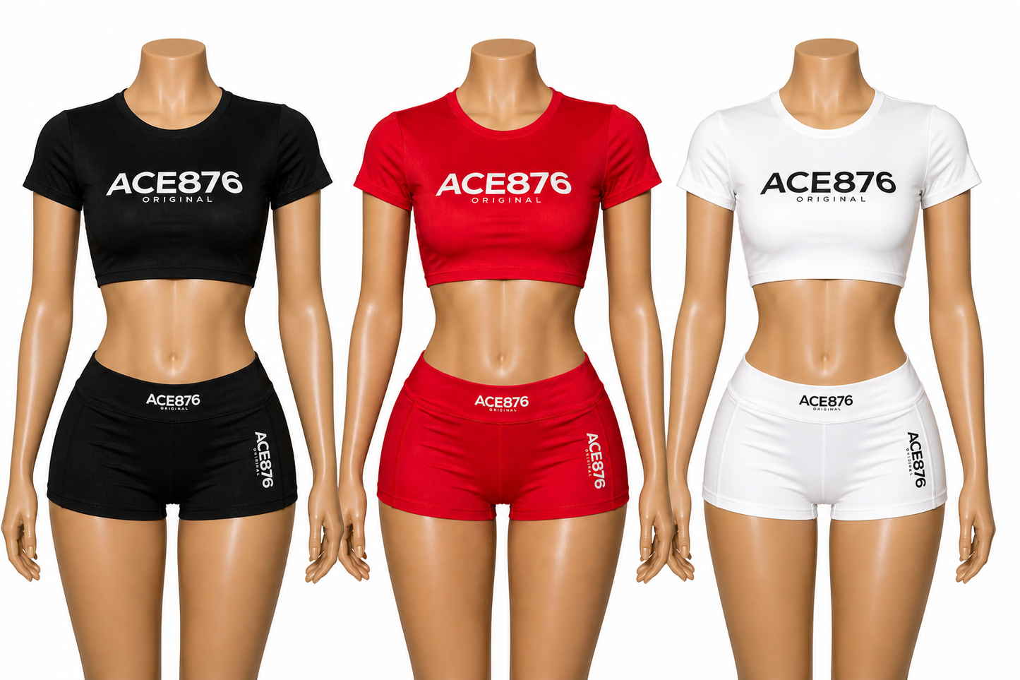 ACE876 fitted cropped tee and matching high-waisted biker-style shorts set
