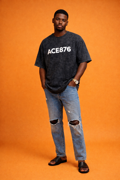 Ace876 Unisex  Black Acid Wash Short Sleeve T Shirt